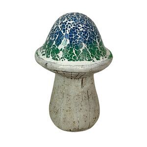 Mosaic Cement Mushroom Statue Blue Green White Garden Figurine 8 In